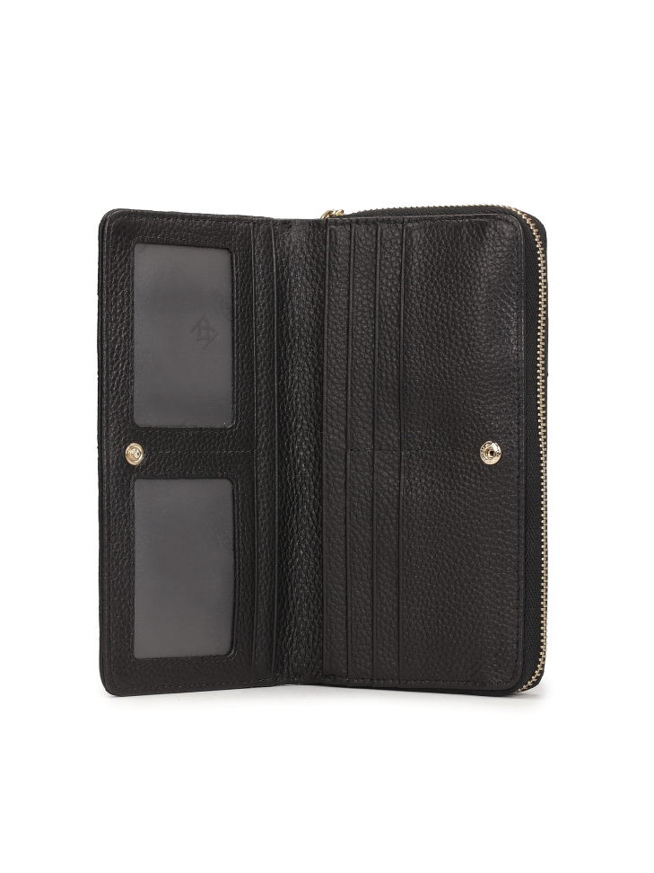 Szegecsekkel díszített nagy fekete cipzáras pénztárca  ROLETTE