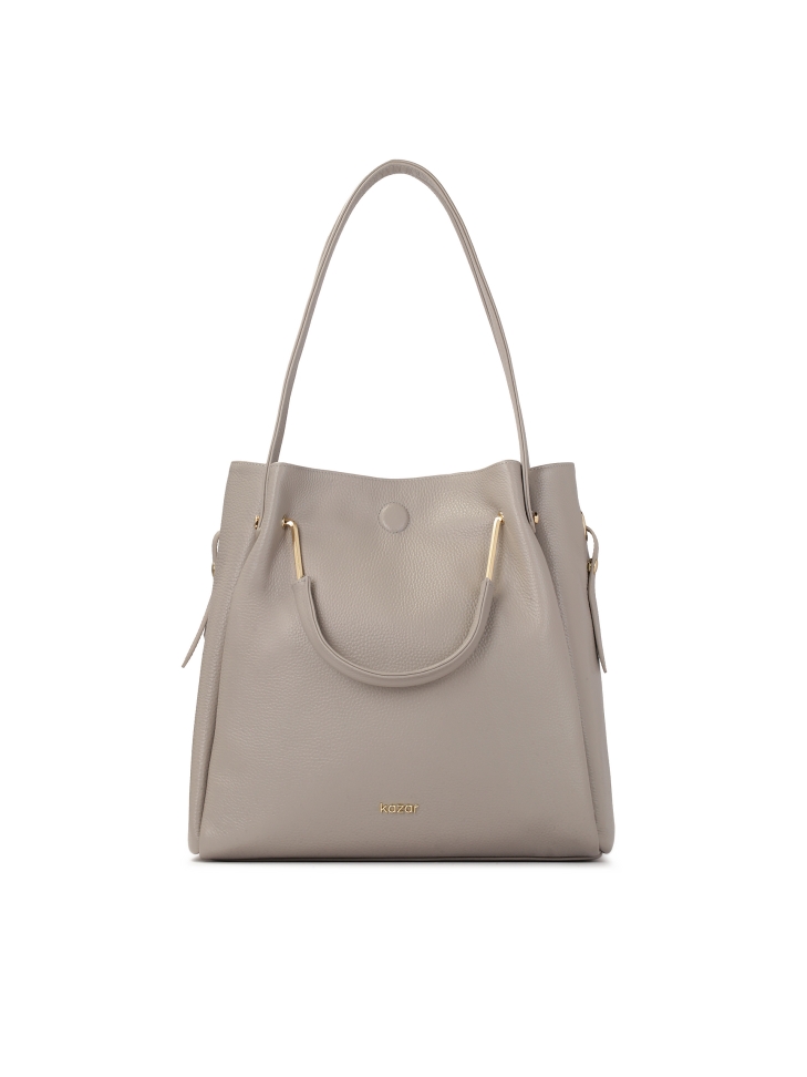 Szürke bőr kézitáska fém fogantyúval és pánttal ALEXANDRIA